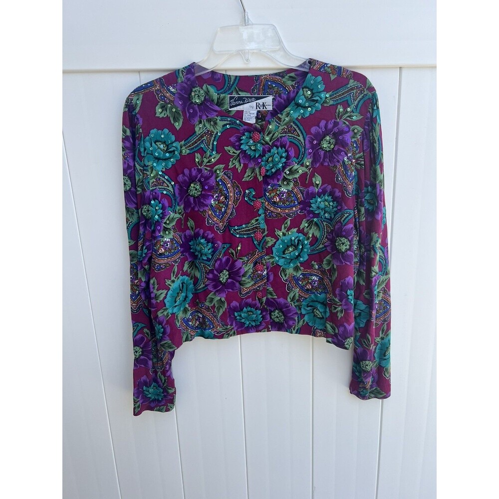 R & K Originals Women’s Floral Cardigan Sweater Cropped Vintage Sz 14 Rayon